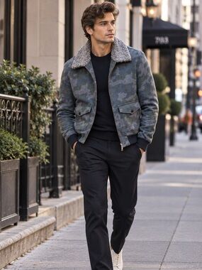 New Paisley & Gray Sherpa Collar Wool Blend Camo Bomber Jacket Mens Sz M